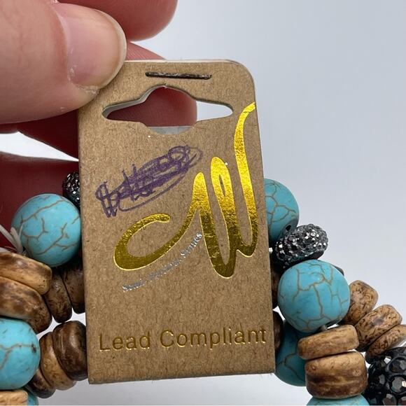 NWT, Beaded Stretchy Bracelet Set. Glitzy, Brown and Teal. Three Strands - Picture 2 of 5